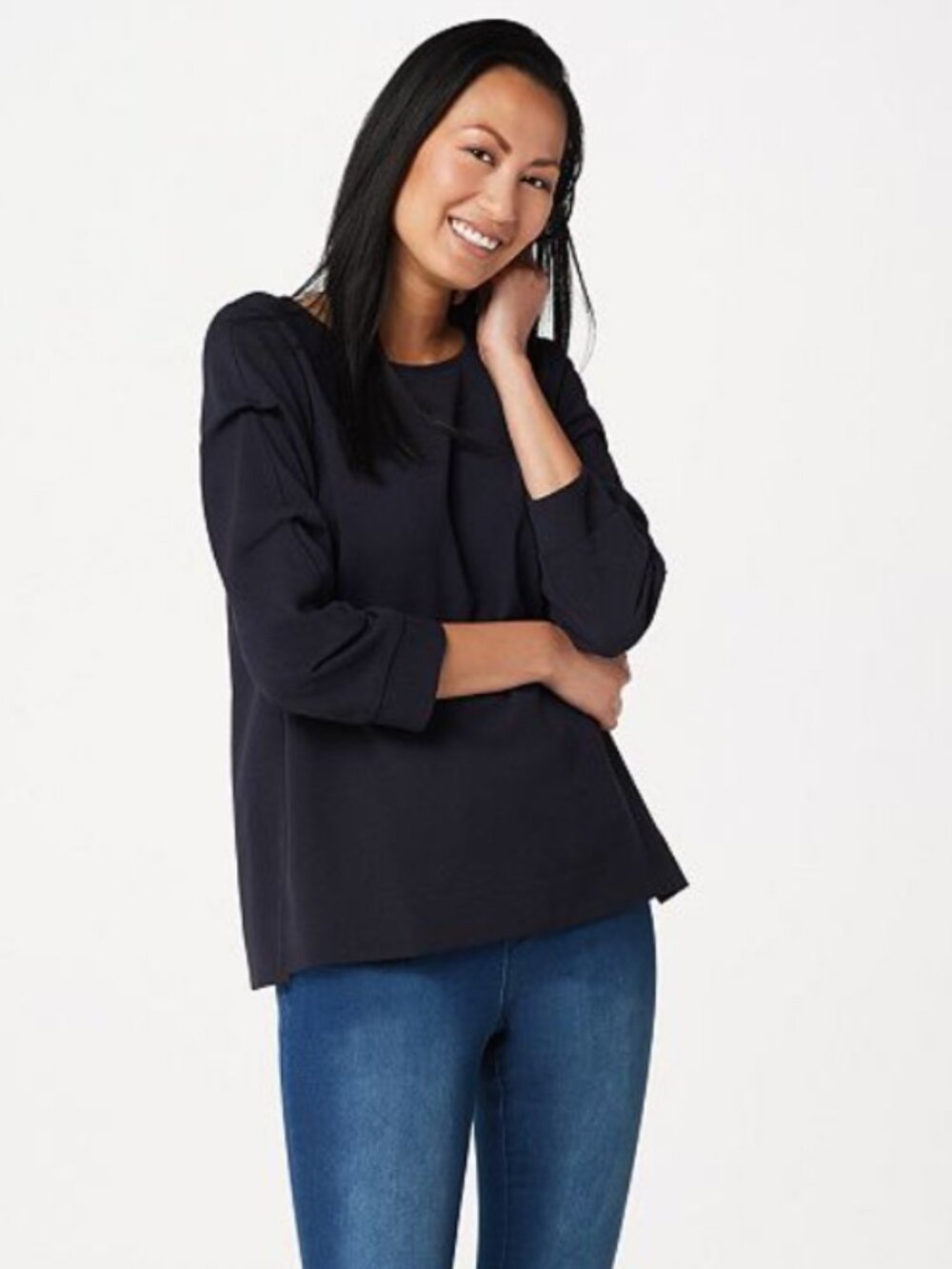 Martha Stewart Knit Crepe Gathered 3/4 Sleeve Top in NAVY | Size S